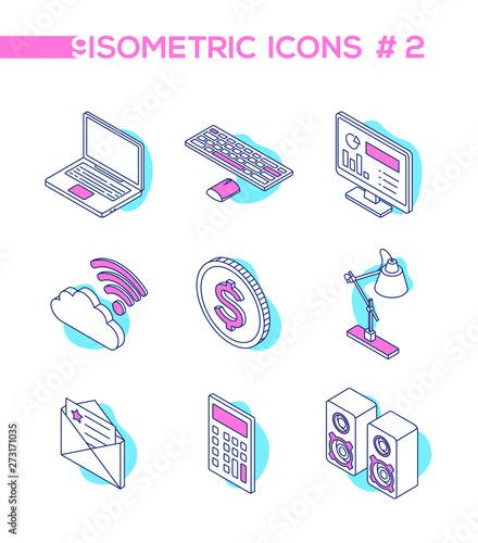 Technology and office work - line design style isometric icons