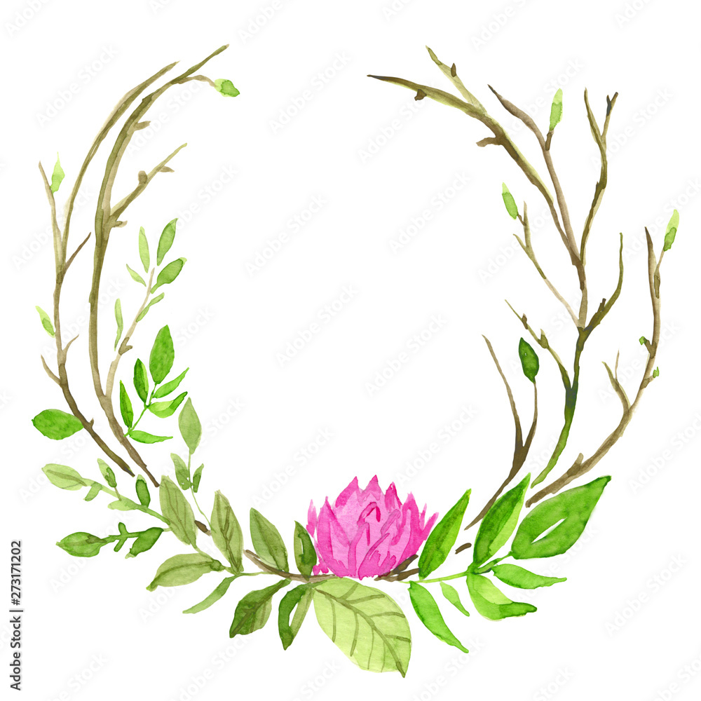 Watercolor floral wreath isolated on white background. Pink blossom on a tree branch. Hand painted illustration.