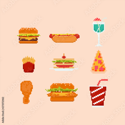 8bit fast food set.pixel art vector.