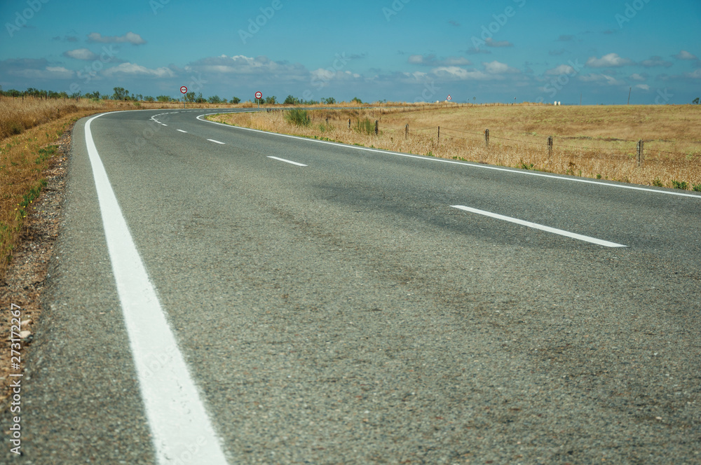 Fototapeta premium Straight road through rural landscape near the Monfrague National Park
