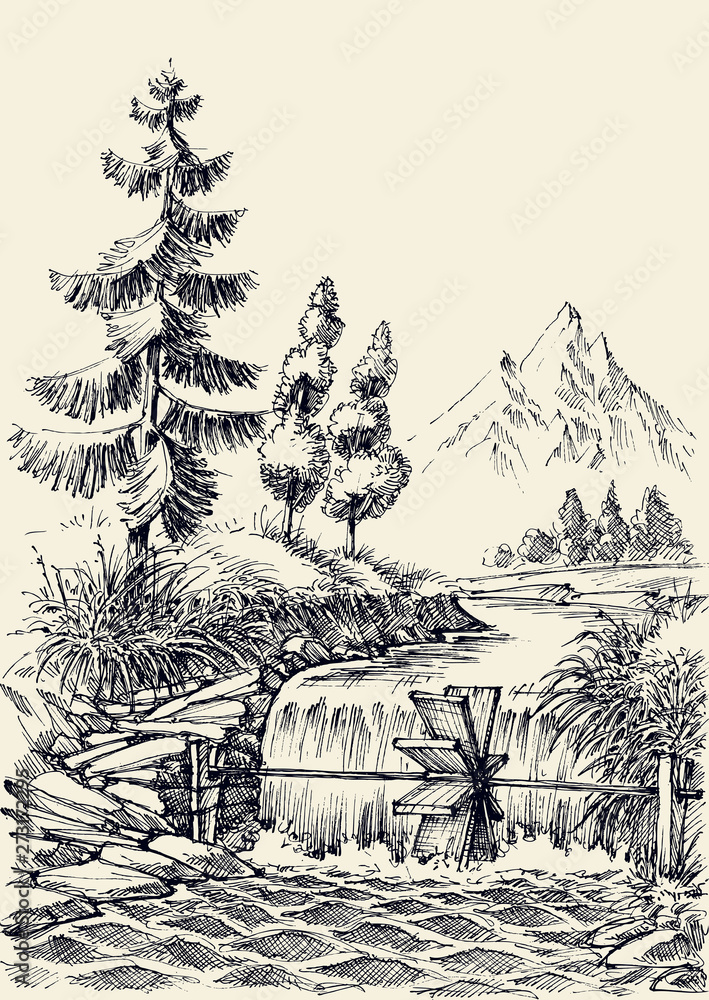 Mountain river flow landscape, waterfall and water mill