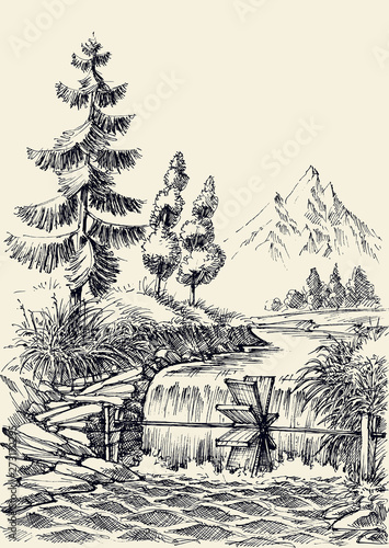 Mountain river flow landscape, waterfall and water mill