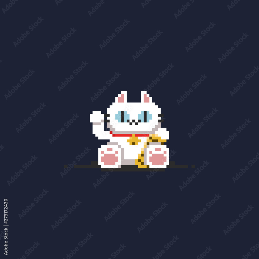 Pixel lucky cat.Japanese lucky cat character design.8 bit vector illustration.