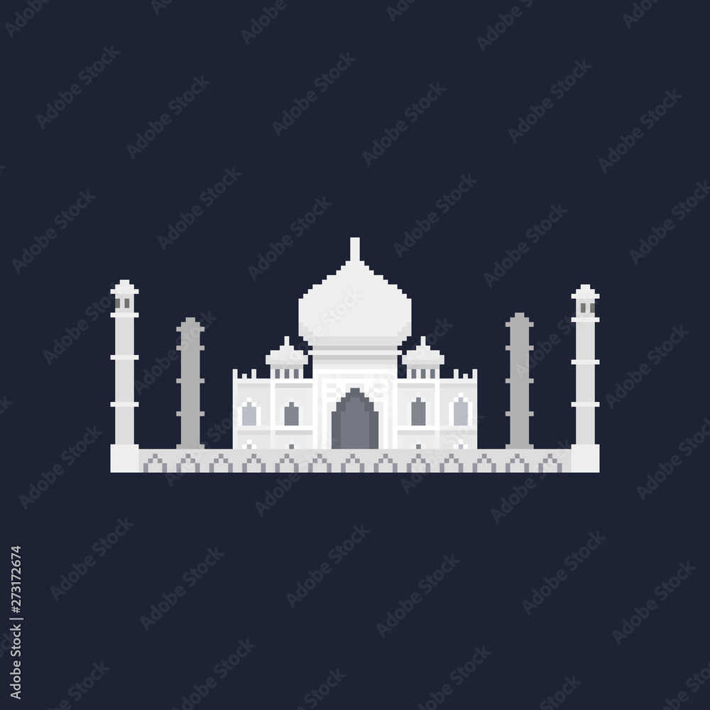 Pixel Taj mahal. 8 bit 7 wonder. isolated vector.