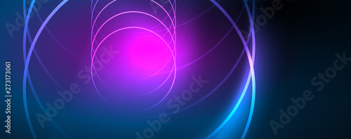 Trendy neon blue abstract design with waves and circles. Neon light glowing effect. Abstract digital background.