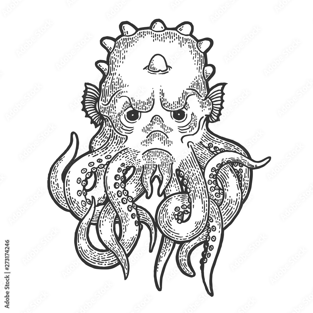 Cthulhu head myth creature sketch engraving vector illustration. Scratch board style imitation. Black and white hand drawn image. Cthulhu head myth creature sketch engraving vector illustration. Scratch board style imitation. Black and white hand drawn image.