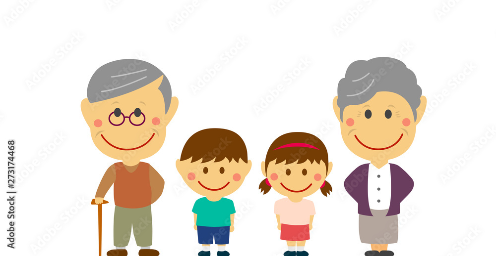 deformed cartoon family (grandparents and grandchildren)  flat vector illustration standing in a row (asian family).