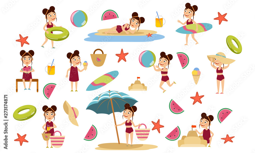 Set girl with a hairstyle of two big bunches on the beach. Summer holidays. Beach games, relax and surfing. Vector illustration