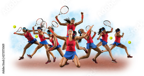 Fototapeta Naklejka Na Ścianę i Meble -  Tennis collage. Female tennis player isolated