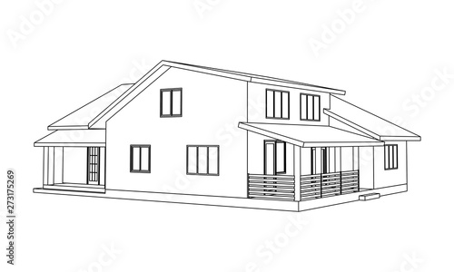 Building perspective 3D. Drawing of the suburban house. Outlines cottage on white background. House 3D model perspective vector. Townhouse blueprint.