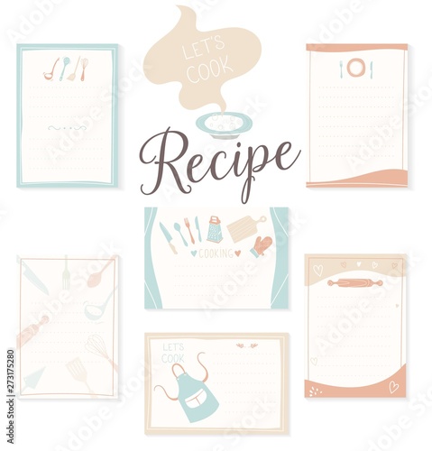 Retro recipe card template set for cookbook. Menu creator vector illustration. Kitchen food template