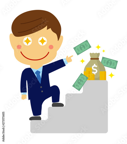 deformed cartoon businessman illustration of going up the stairs aiming to get money ( asian worker)