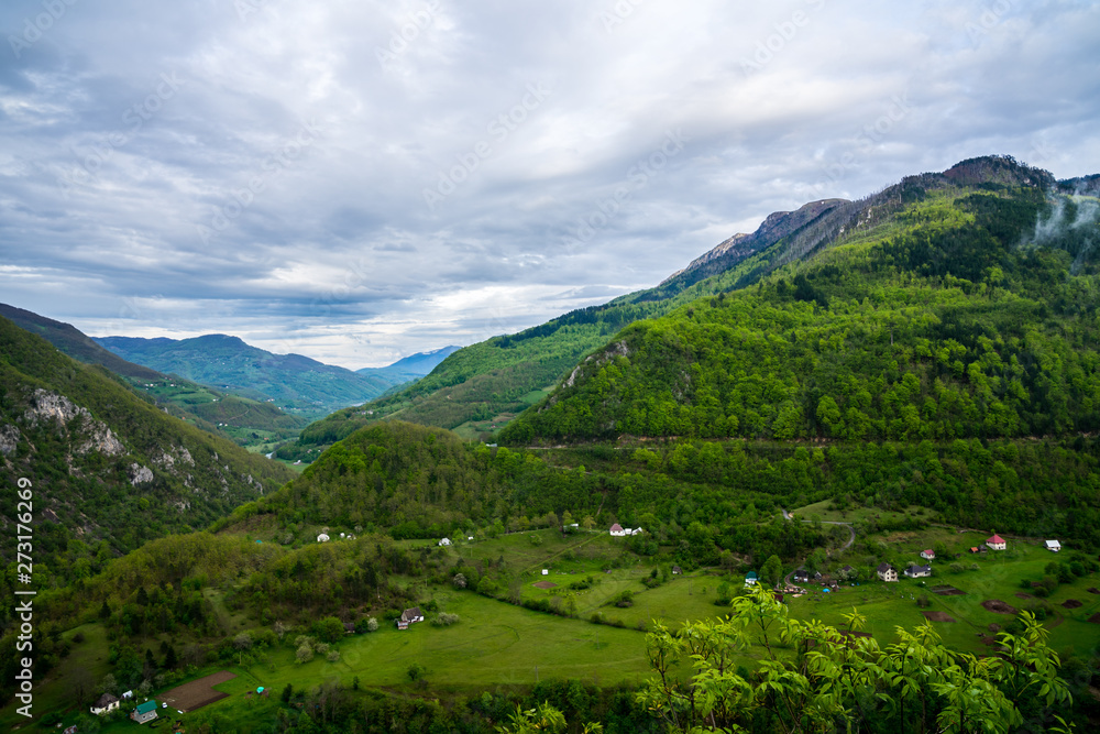 Montenegro, Wide view over green nature and forested landscape of mountains and valley of tara canyon from above Montenegro, Wide view over green nature and forested landscape of mountains and valley of tara canyon from above
