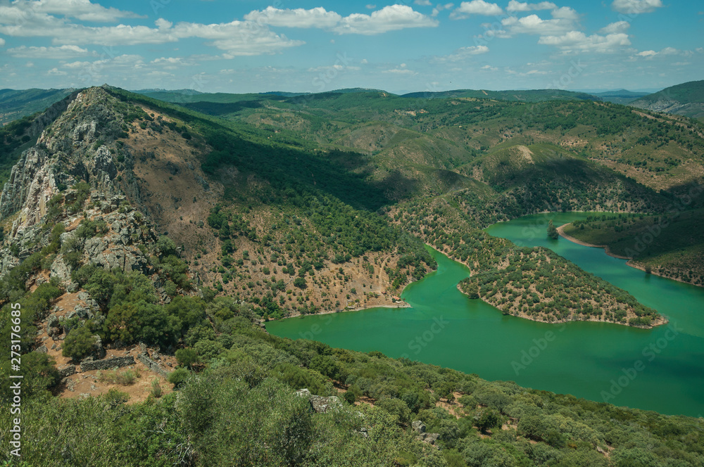 Tagus River running through a valley with hills covered by trees