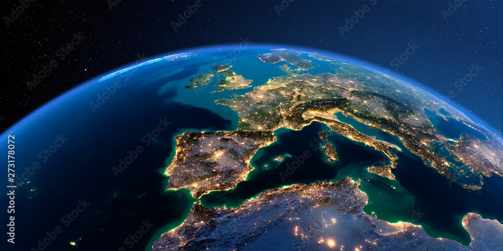 Obraz premium Detailed Earth. Spain and the Mediterranean Sea