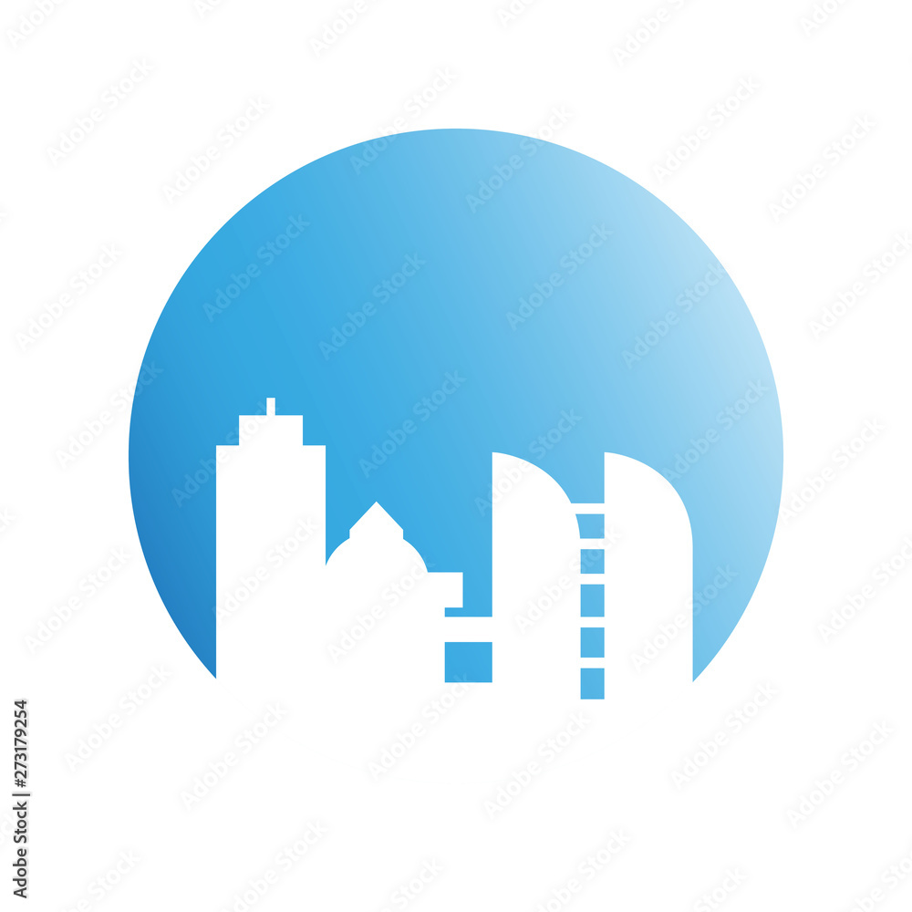 city skyline in blue circle background city skyline in blue circle background