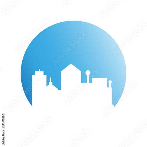 city skyline in blue circle background