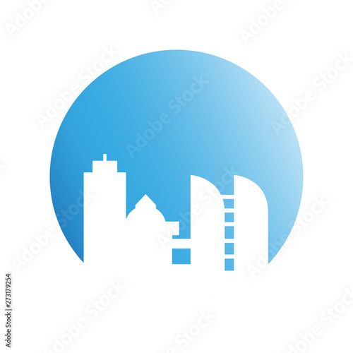 city skyline in blue circle background