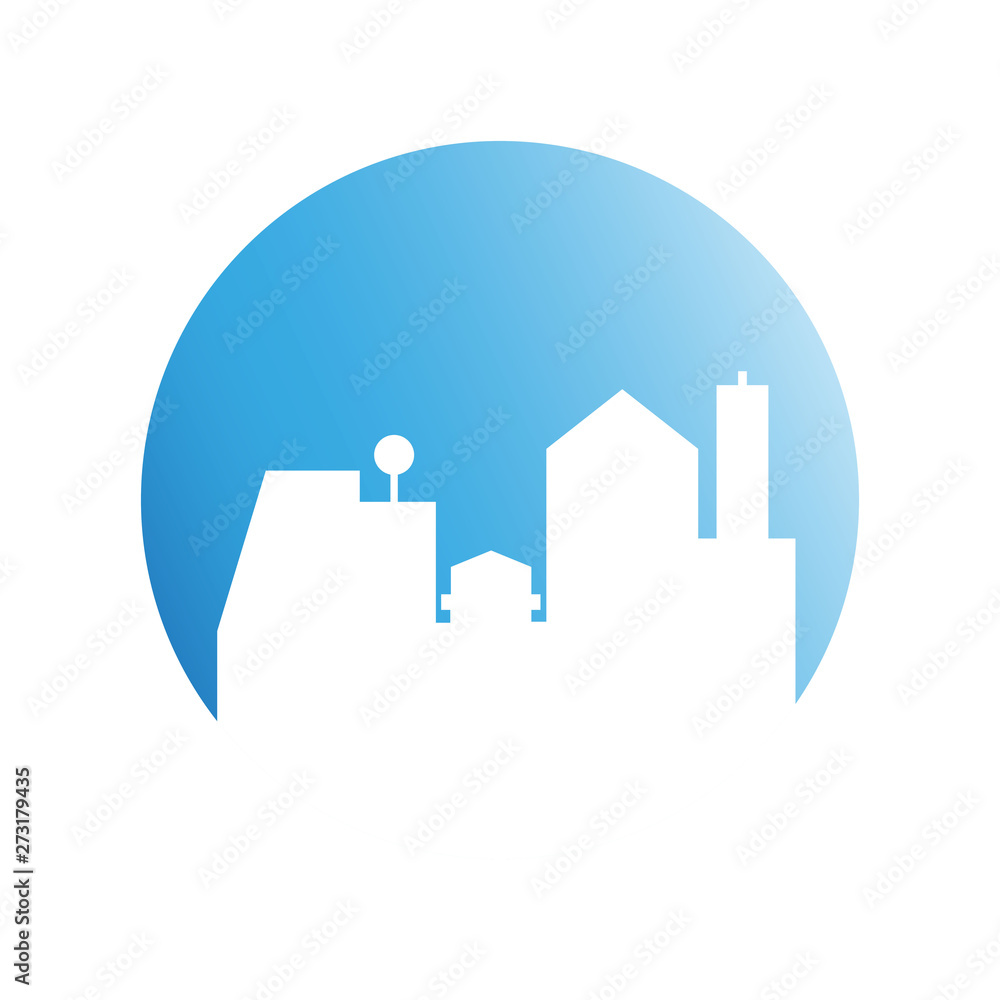 city skyline in blue circle background