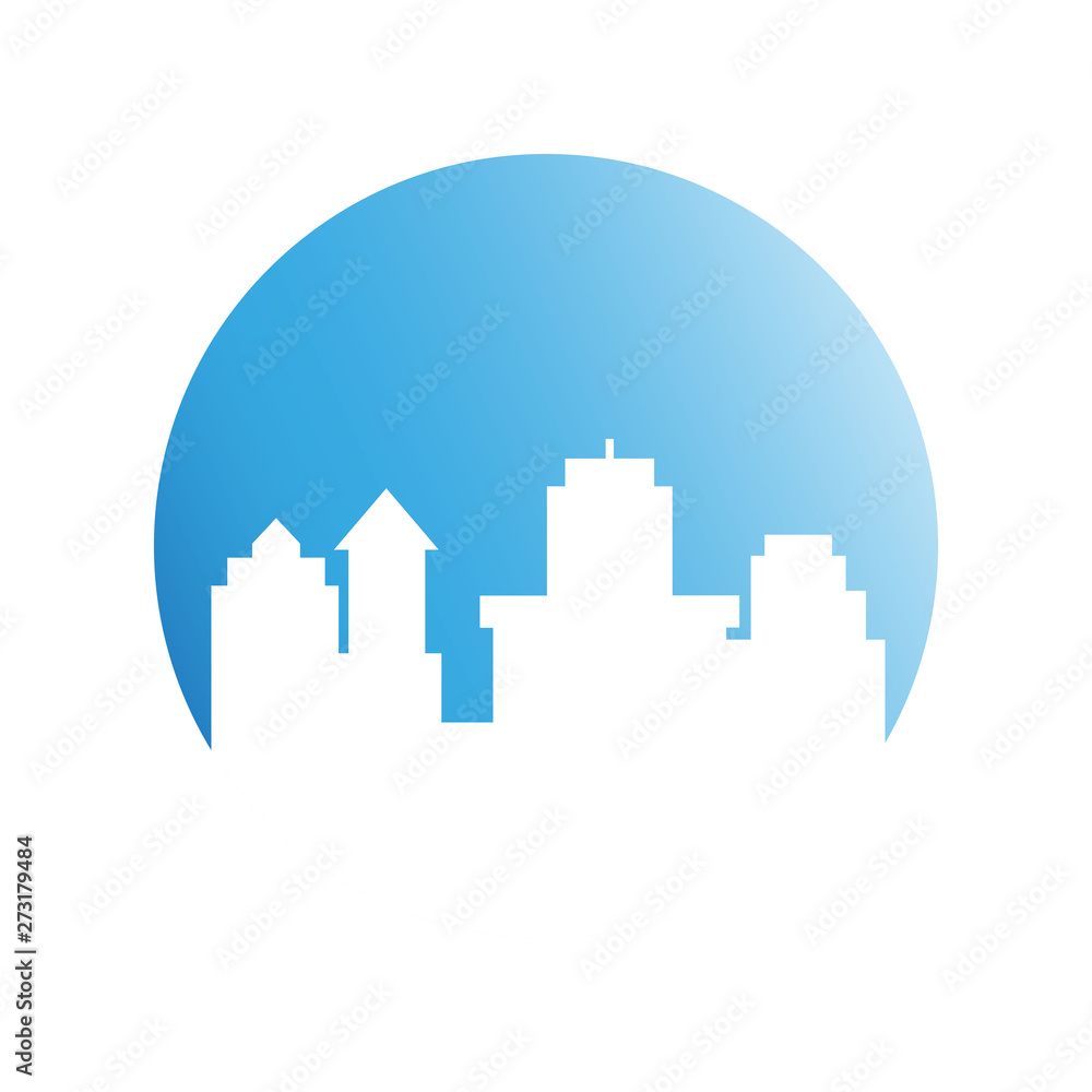 city skyline in blue circle background