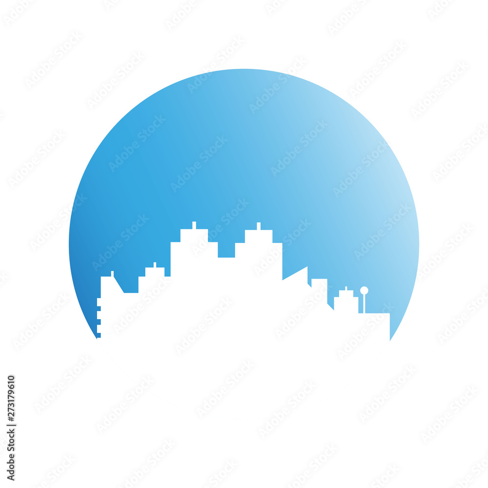 city skyline in blue circle background city skyline in blue circle background