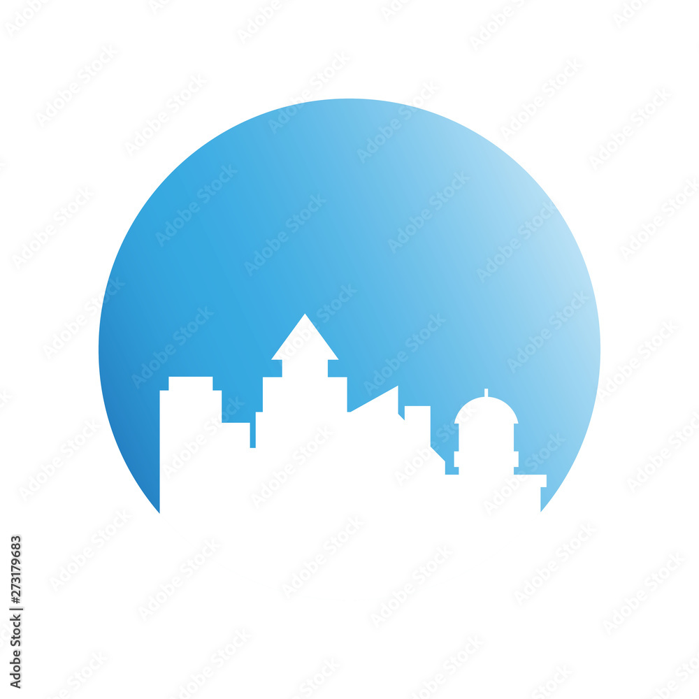 city skyline in blue circle background