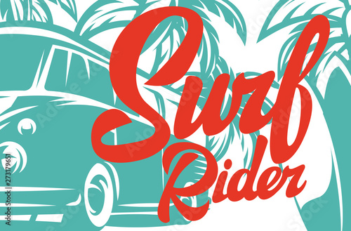 Vector illustration with ocean shore on the theme of surfing