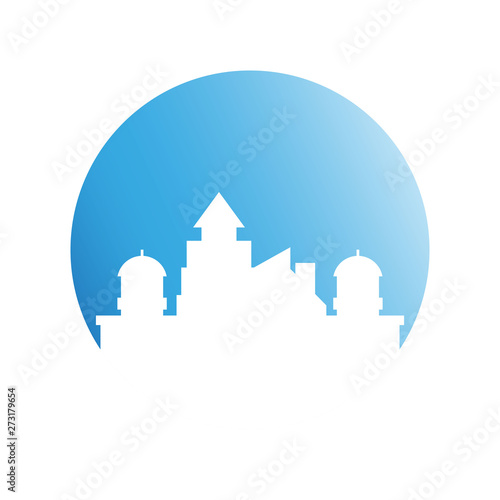 city skyline in blue circle background