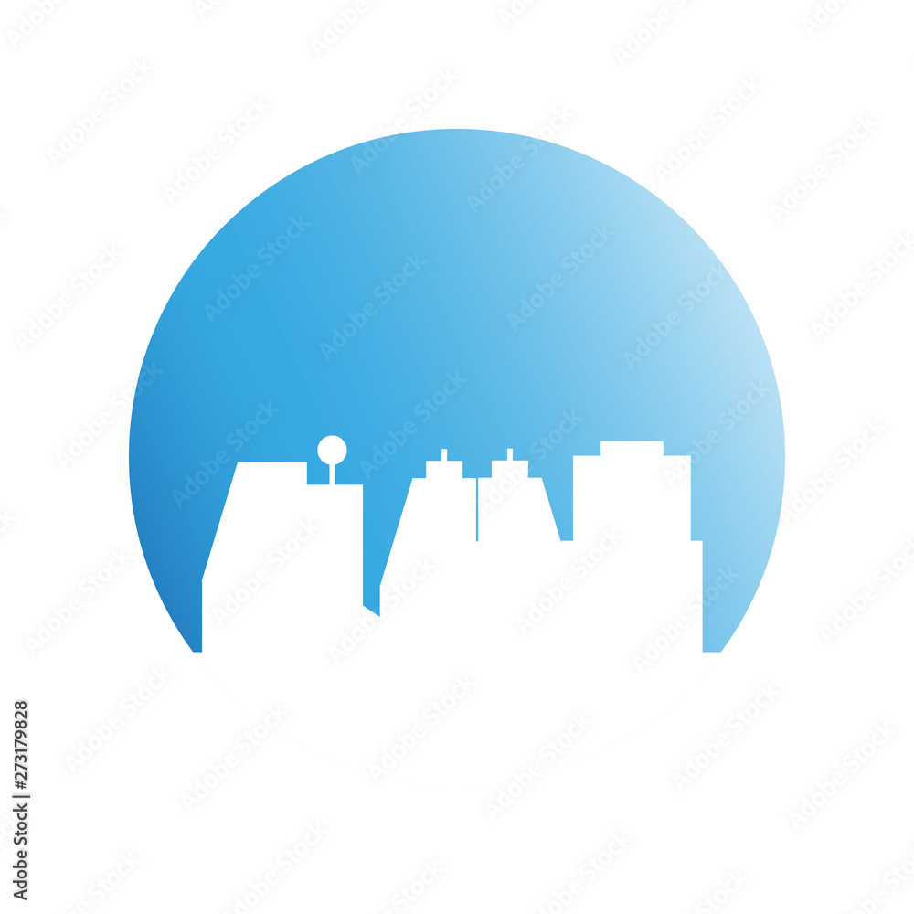 city skyline in blue circle background city skyline in blue circle background