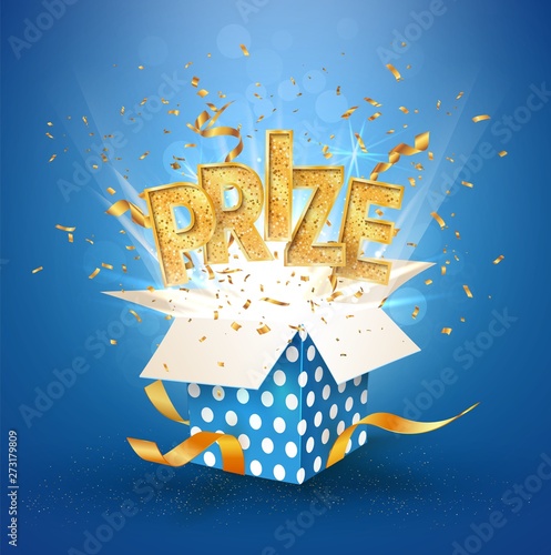 PRIZE gold text. Open textured blue box with confetti explosion inside and golden winning word. Flying particles from giftbox vector illustration on blue background