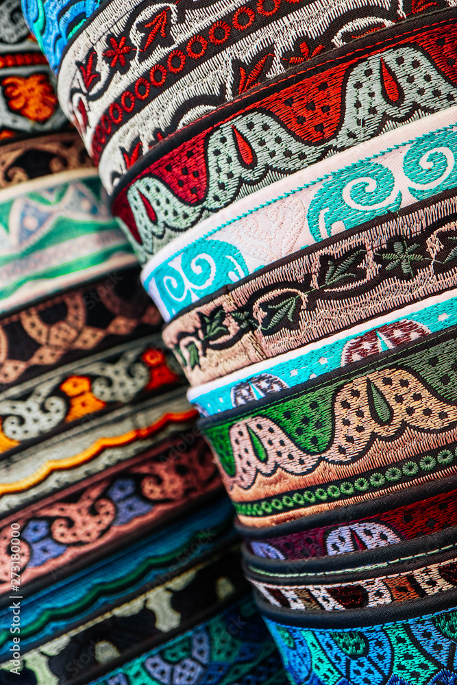 Turkish Muslim traditional barakat hat assortment, oriental ornamental decor, Istanbul bazar. Turkish Muslim traditional barakat hat assortment, oriental ornamental decor, Istanbul bazar.