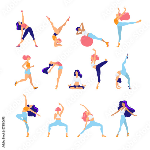 Woman activities. Set of women doing sports, yoga, dancing, running, jogging, jumping, fitness. Sport women vector flat illustration isolated on white background in different poses - Vector