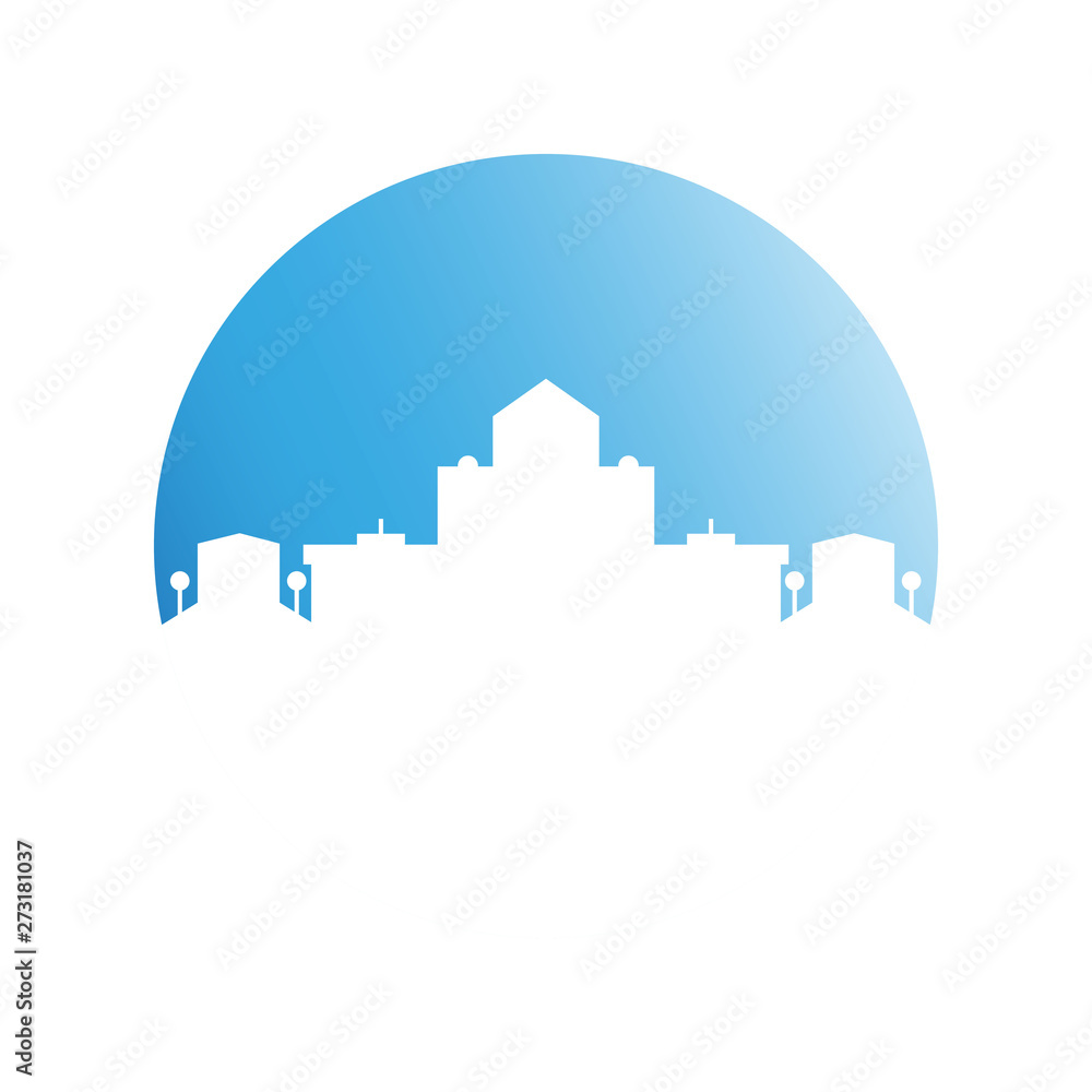 city skyline in blue circle background