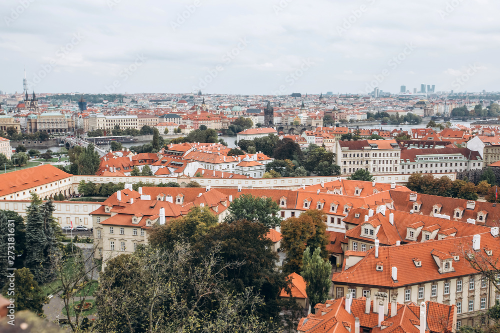 Prague panorama with red tiled roofs. cityscape skyline of Prague Czech Republic. Tile roofs of the old city