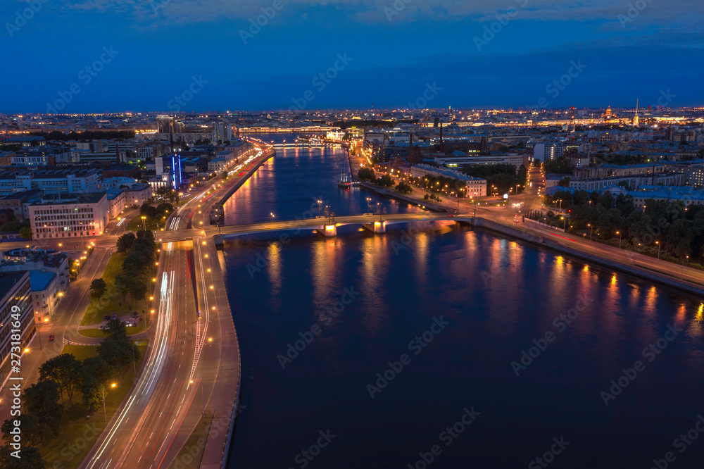Aerial Panorama of Saint Petersburg. View of St. Petersburg from the heights-Great Nevka river, Grenadier bridge, Sampsonievsky Bridge,Petrogradskaya Embankment, Vyborg Embankment. Russia.