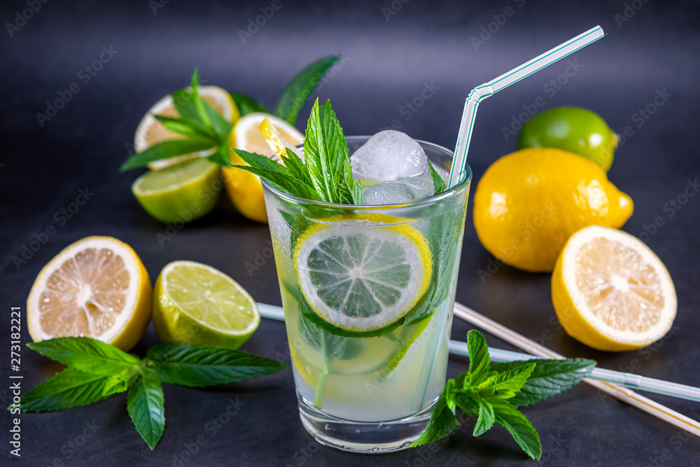 Cold refreshing summer lemonade with mint in a glass Cold refreshing summer lemonade with mint in a glass