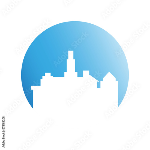 city skyline in blue circle background