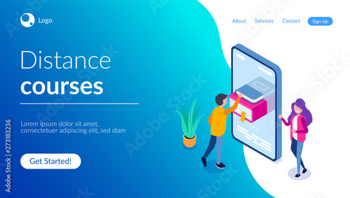 Distance courses isometric concept. Online library illustration for web. Man gets the literature on his mobile phone. Book in the smartphone.