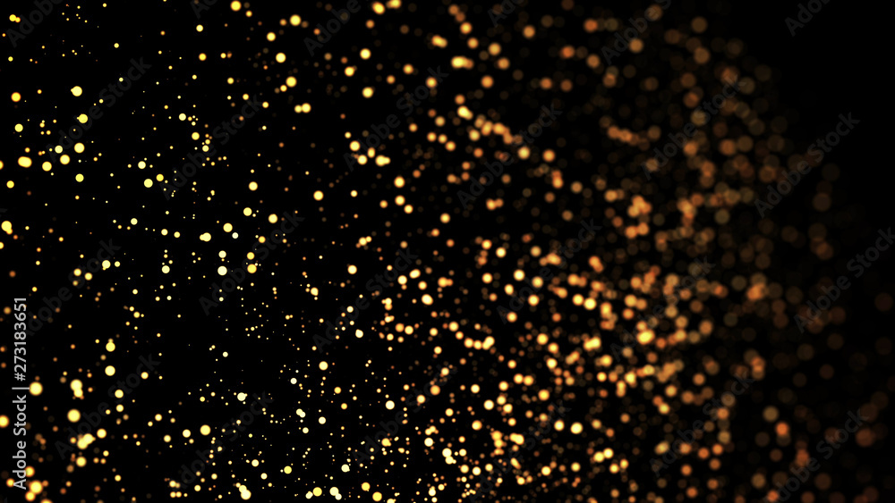 gold particles glisten in the air, gold sparkles in a viscous fluid have the effect of advection with depth of field and bokeh. 3d render. cloud of particles. 36