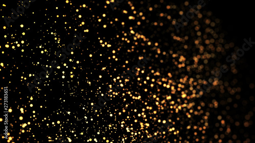 gold particles glisten in the air, gold sparkles in a viscous fluid have the effect of advection with depth of field and bokeh. 3d render. cloud of particles. 36