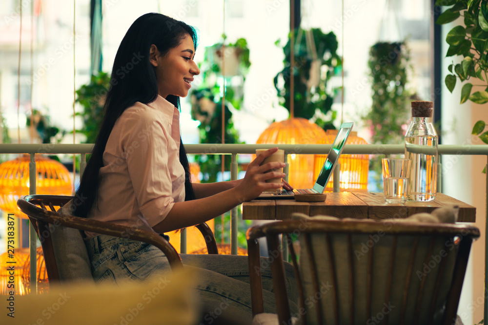 Confident young lady using laptop in the cafe Confident young lady using laptop in the cafe
