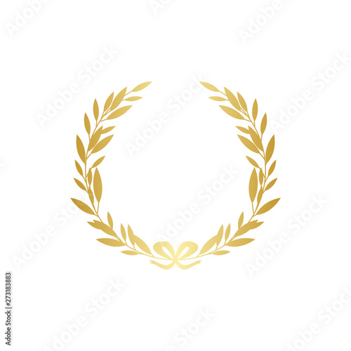 Gold laurel wreath silhouette with golden ribbon, realistic leaf branch decoration