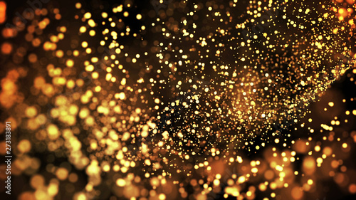 gold particles glisten in the air, gold sparkles in a viscous fluid have the effect of advection with depth of field and bokeh. 3d render. cloud of particles. 75