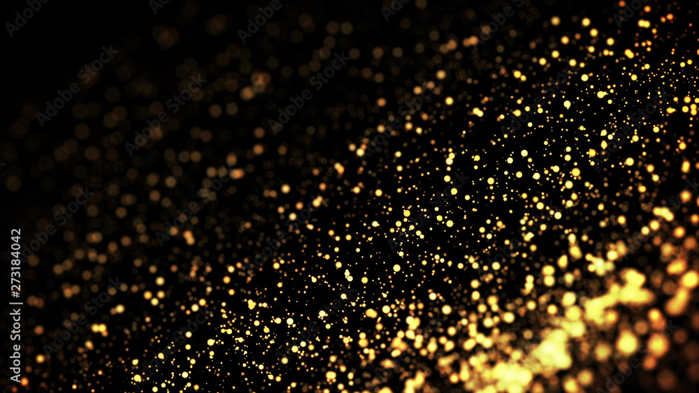 gold particles glisten in the air, gold sparkles in a viscous fluid have the effect of advection with depth of field and bokeh. 3d render. cloud of particles. 93