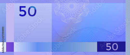 Voucher template banknote 50 with guilloche pattern watermarks and border. Blue background banknote, gift voucher, coupon, diploma, money design, currency, note, cheque, check, reward, certificate