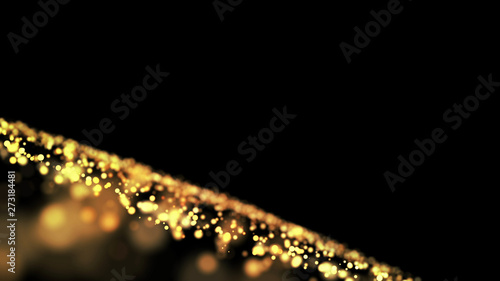 gold particles glisten in the air, gold sparkles in a viscous fluid have the effect of advection with depth of field and bokeh. 3d render. cloud of particles. 139
