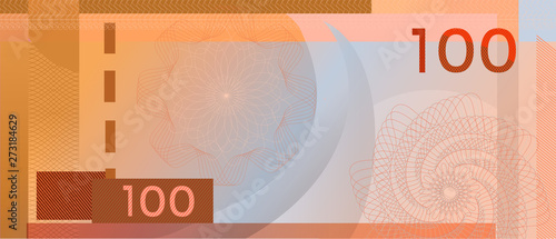 Voucher template banknote 100 with guilloche pattern watermarks and border. Orange background banknote, gift voucher, diploma, money design, coupon , currency, note, check, cheque, reward, certificate