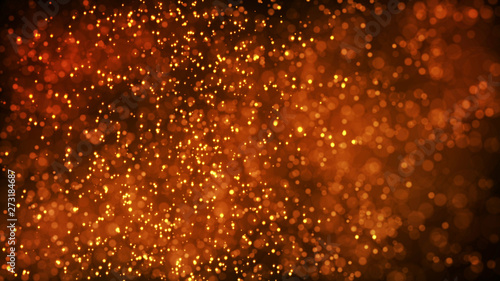 gold particles glisten in the air, gold sparkles in a viscous fluid have the effect of advection with depth of field and bokeh. 3d render. cloud of particles. 161