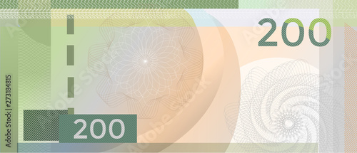 Voucher template banknote 200 with guilloche pattern watermarks and border. Green background for banknote, voucher, coupon, diploma, money design, currency, note, check, cheque, reward. certificate