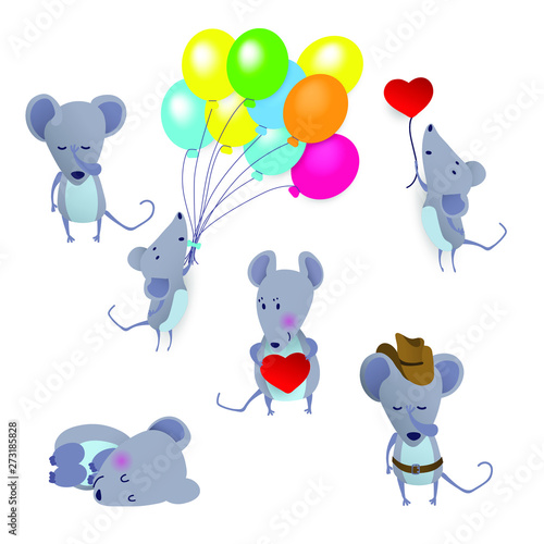 Large set of gray mice. Sleeping rodent, the Sheriff, in love with the mouse. Vector illustration in paper cut style isolated on white background.